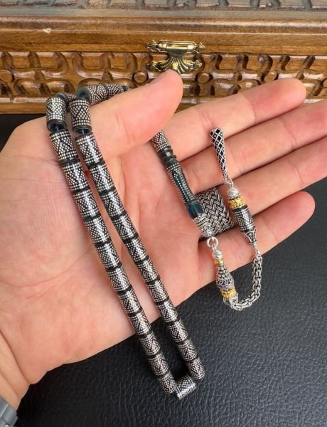 Kesme Model Mavi Renk Gümüş İşlemeli Ateş Kehribar Tesbih