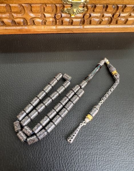 Kesme Model Mavi Renk Gümüş İşlemeli Ateş Kehribar Tesbih