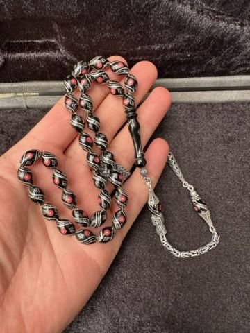 Beyzi Model Mercan Ve Gümüş İşleme Oltu Taşı Tesbih