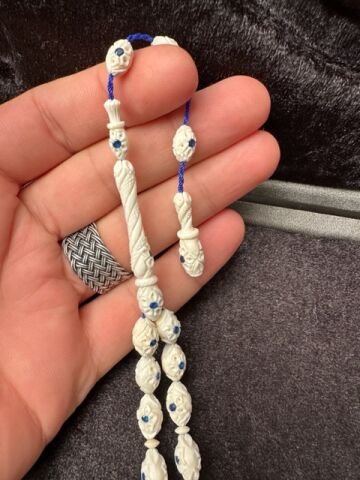 Beyzi Model Mavi Safir Taşı Dizayn Kalem İşçilikli Fil Dişi Tesbih