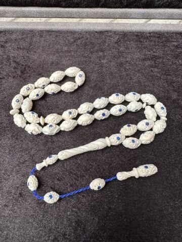 Beyzi Model Mavi Safir Taşı Dizayn Kalem İşçilikli Fil Dişi Tesbih