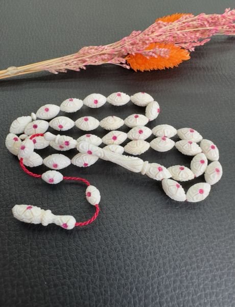 Beyzi Model Pembe Yakut Dizayn Kalem İşçilikli Fil Dişi Tesbih