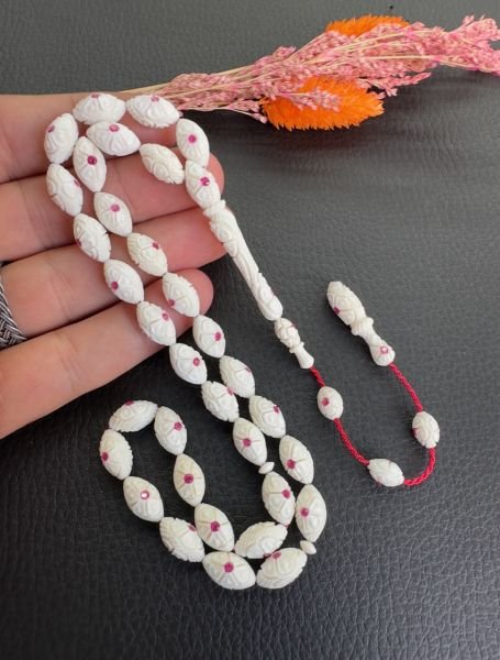 Beyzi Model Pembe Yakut Dizayn Kalem İşçilikli Fil Dişi Tesbih