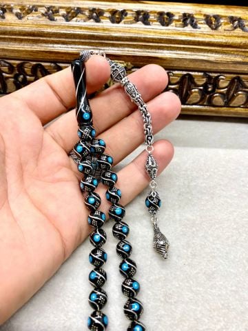 Küre Model Firuze ve Gümüş İşlemeli Erzurum Oltu Tesbih