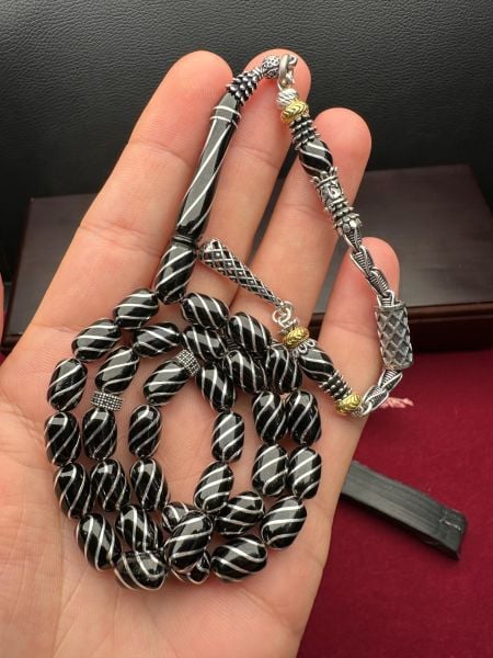 Kapsül Model Gümüş İşlemeli Erzurum Oltu Taşı Tesbih