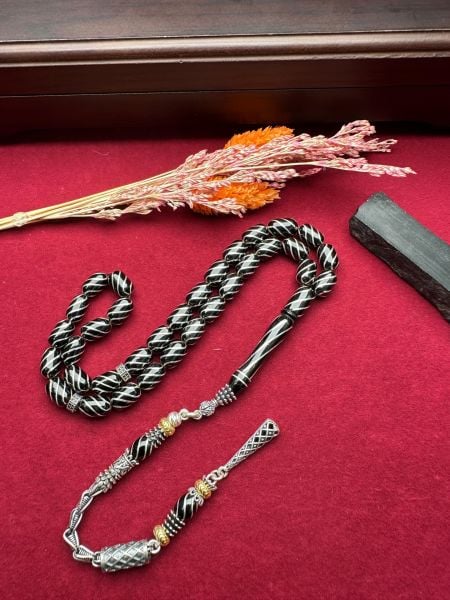 Kapsül Model Gümüş İşlemeli Erzurum Oltu Taşı Tesbih