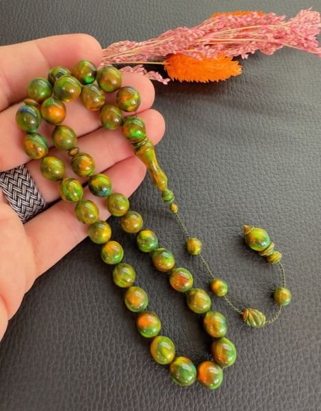 Uçlu Küre Model Yeşil Turuncu Yansımalı Opal Tesbih
