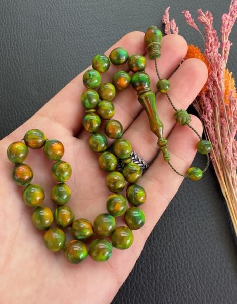 Uçlu Küre Model Yeşil Turuncu Yansımalı Opal Tesbih