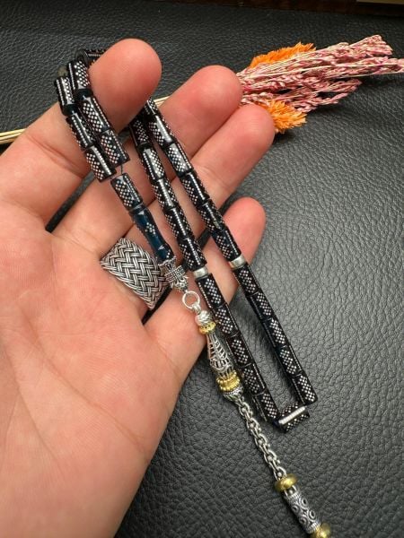 Kesme Model Gümüş İşlemeli Ateş Kehribar Tesbih