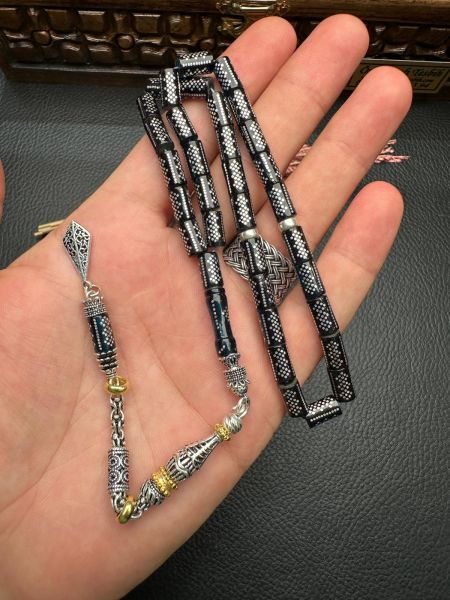 Kesme Model Gümüş İşlemeli Ateş Kehribar Tesbih