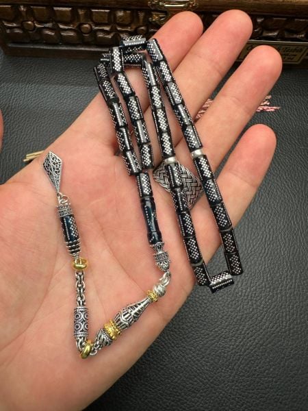 Kesme Model Gümüş İşlemeli Ateş Kehribar Tesbih