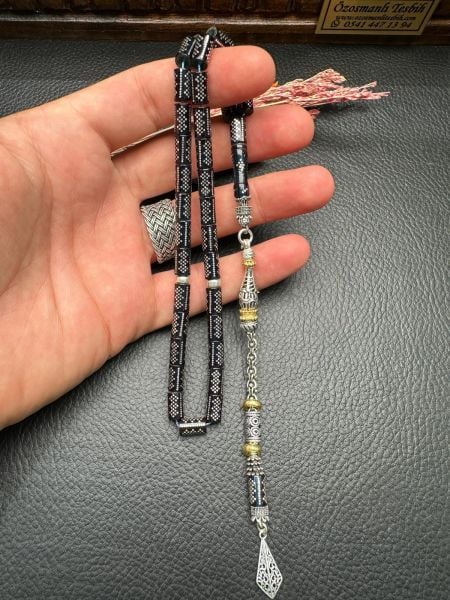 Kesme Model Gümüş İşlemeli Ateş Kehribar Tesbih