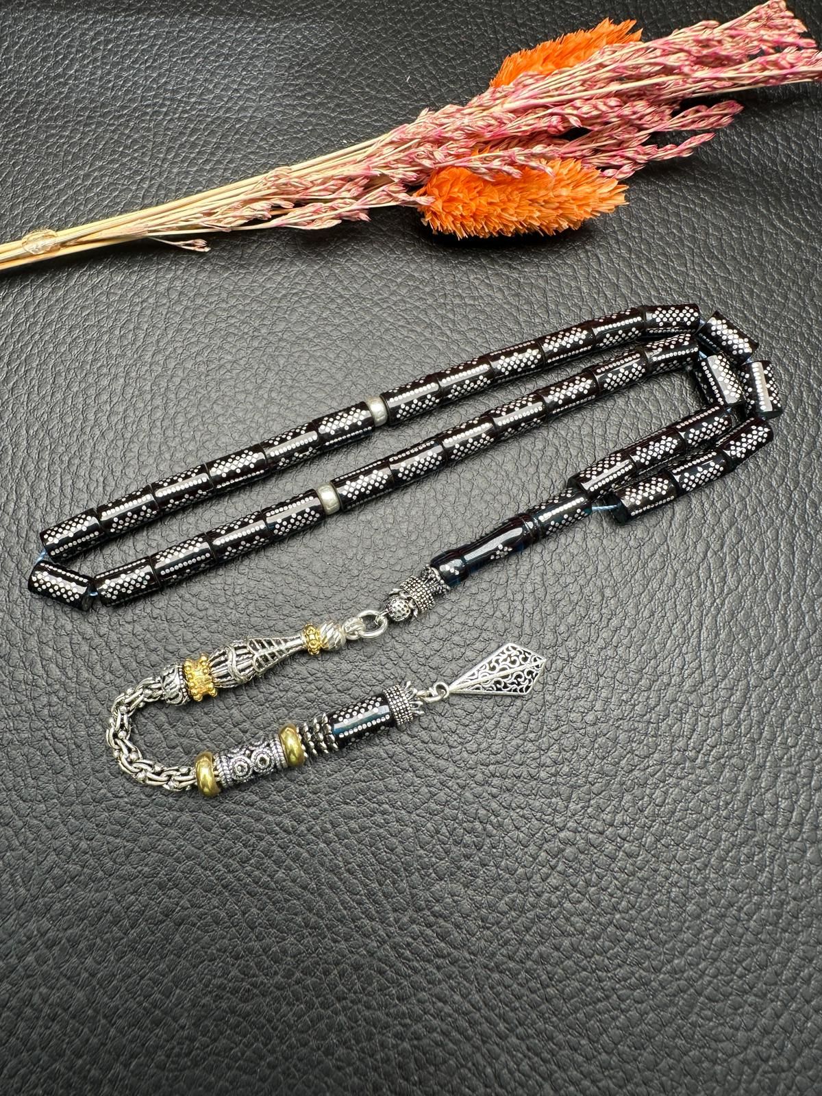 Kesme Model Gümüş İşlemeli Ateş Kehribar Tesbih