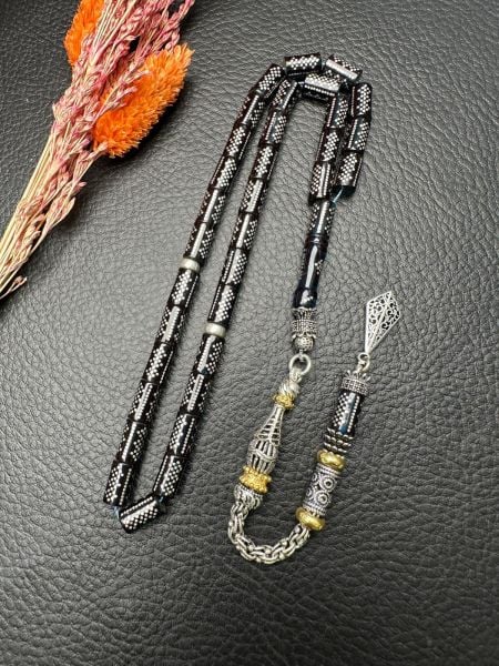 Kesme Model Gümüş İşlemeli Ateş Kehribar Tesbih