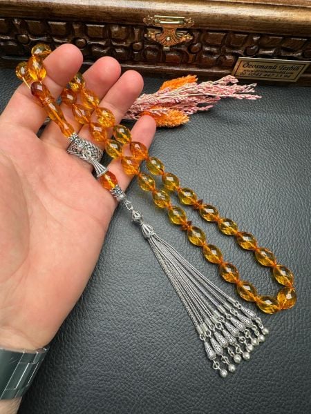 Faseta Kesim Şeffaf Damla Kehribar Tesbih