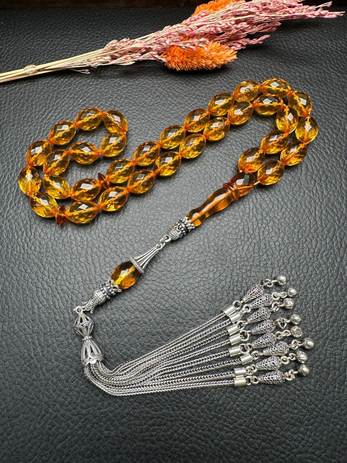 Faseta Kesim Şeffaf Damla Kehribar Tesbih