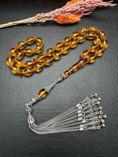 Faseta Kesim Şeffaf Damla Kehribar Tesbih