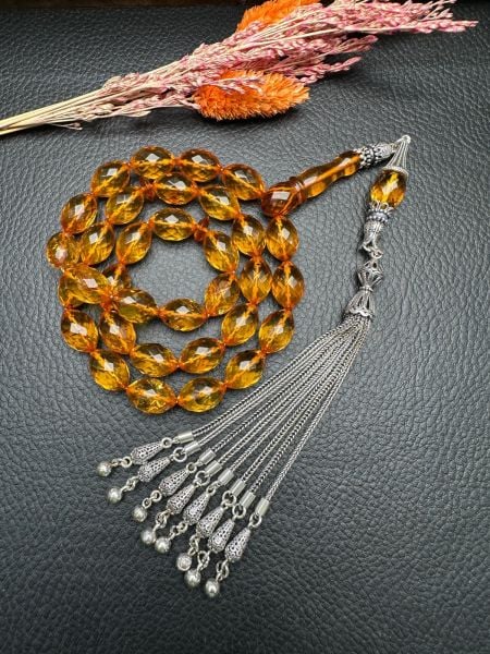 Faseta Kesim Şeffaf Damla Kehribar Tesbih