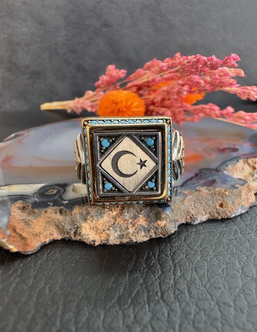 Zorbey Özel Seri Ayyıldız Tasarım Firuze İşleme Gümüş Erkek Yüzük