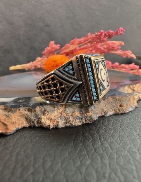 Zorbey Özel Seri Ayyıldız Tasarım Firuze İşleme Gümüş Erkek Yüzük