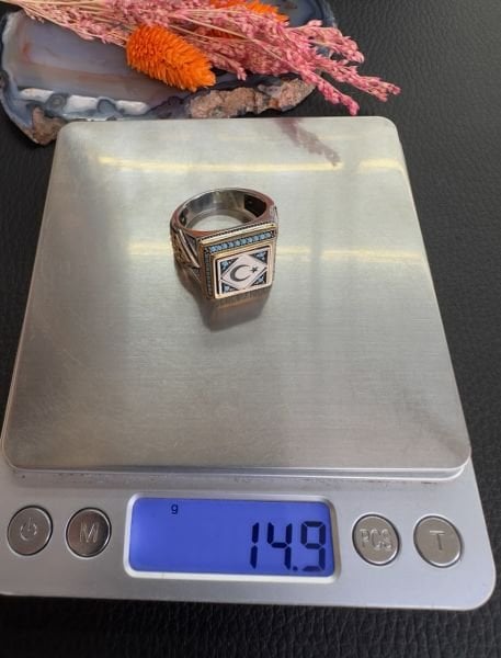 Zorbey Özel Seri Ayyıldız Tasarım Firuze İşleme Gümüş Erkek Yüzük