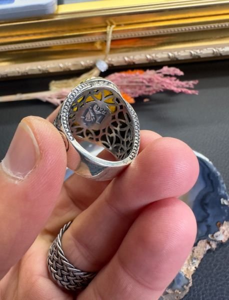 Özel Tasarım Damla Kehribar Gümüş Erkek Yüzük