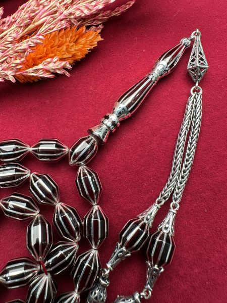 Kapsül Model Gümüş Yarma İşlemeli Ateş Kehribar Tesbih