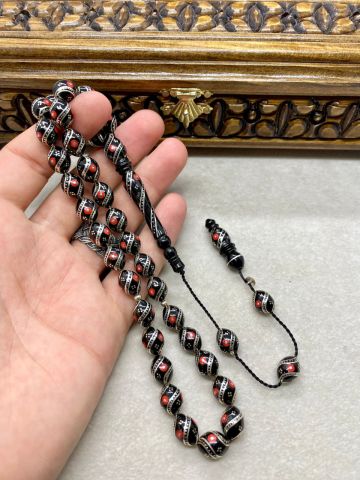 Beyzi Model Mercan Ve Gümüş İşlemeli Erzurum Oltu Tesbih