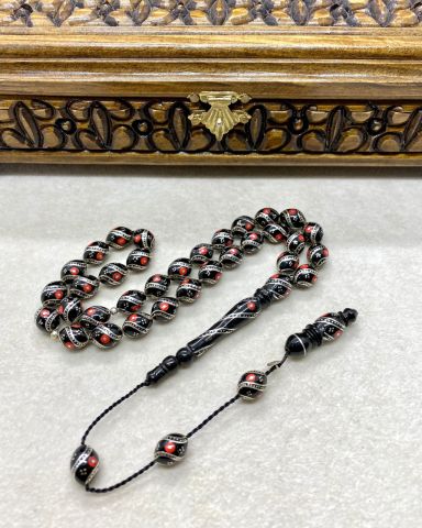 Beyzi Model Mercan Ve Gümüş İşlemeli Erzurum Oltu Tesbih