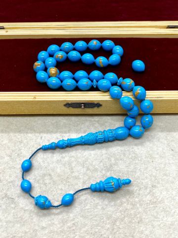 Beyzi Model Turkuaz Renk Ve Altın Renk Yaldızlı Arizona Firuze Tesbih