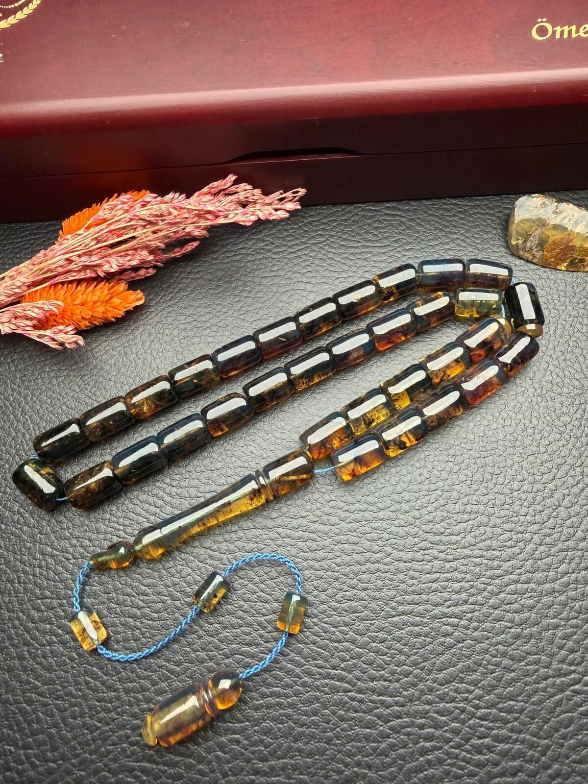 Dark Blue Kaya Dominik Damla Kehribar Tesbih