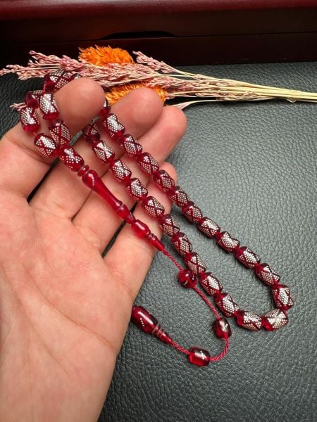 Kapsül Model Gümüş İşlemeli Ateş Kehribar Tesbih