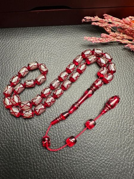 Kapsül Model Gümüş İşlemeli Ateş Kehribar Tesbih