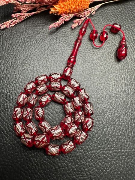 Kapsül Model Gümüş İşlemeli Ateş Kehribar Tesbih