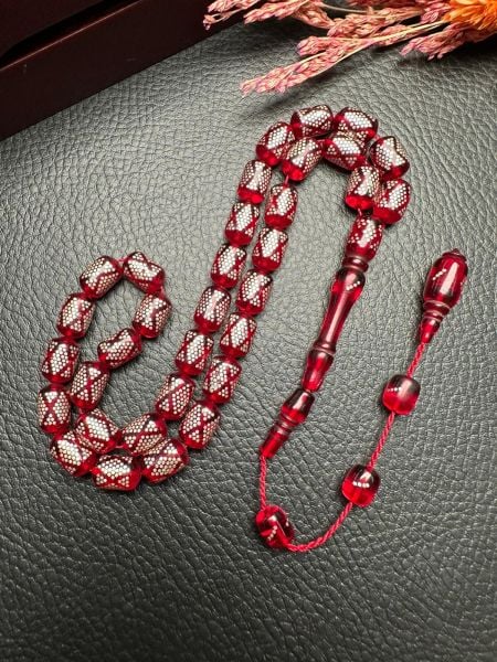 Kapsül Model Gümüş İşlemeli Ateş Kehribar Tesbih