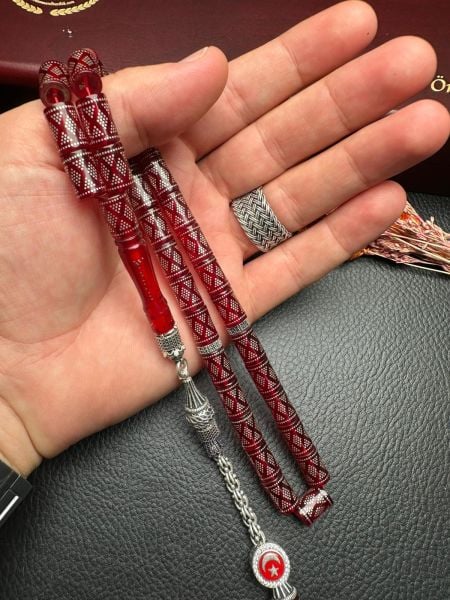 Kesme Model Gümüş İşlemeli Ateş Kehribar Tesbih