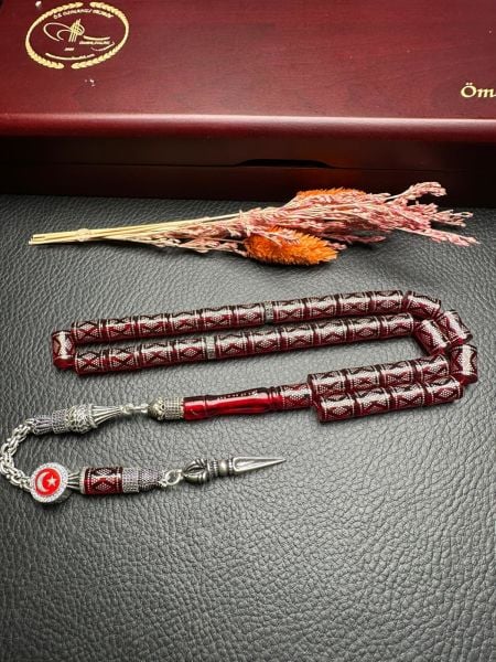 Kesme Model Gümüş İşlemeli Ateş Kehribar Tesbih