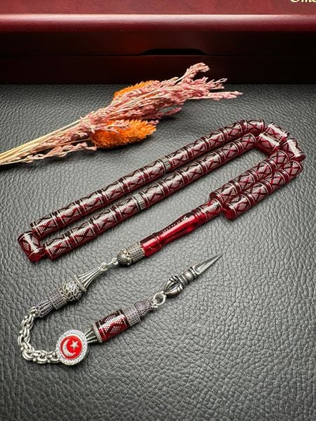 Kesme Model Gümüş İşlemeli Ateş Kehribar Tesbih