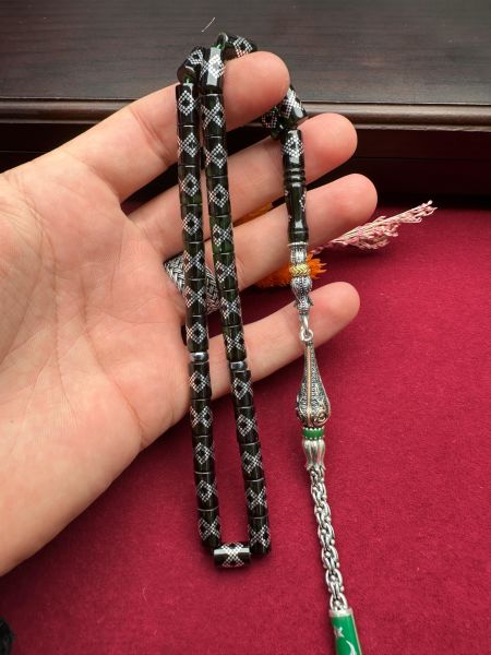 Kesme Model Gümüş İşlemeli Ateş Kehribar Tesbih