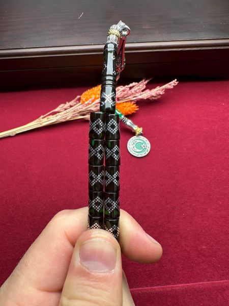 Kesme Model Gümüş İşlemeli Ateş Kehribar Tesbih