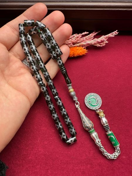 Kesme Model Gümüş İşlemeli Ateş Kehribar Tesbih