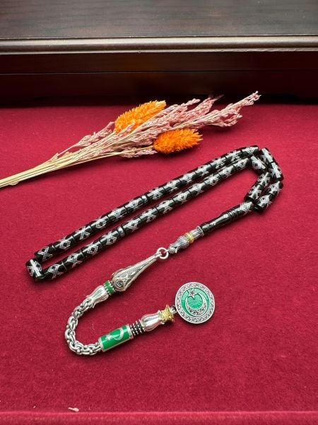 Kesme Model Gümüş İşlemeli Ateş Kehribar Tesbih