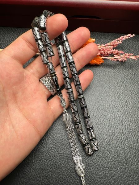 Kesme Model Gümüş İşlemeli Ateş Kehribar Tesbih