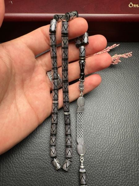 Kesme Model Gümüş İşlemeli Ateş Kehribar Tesbih