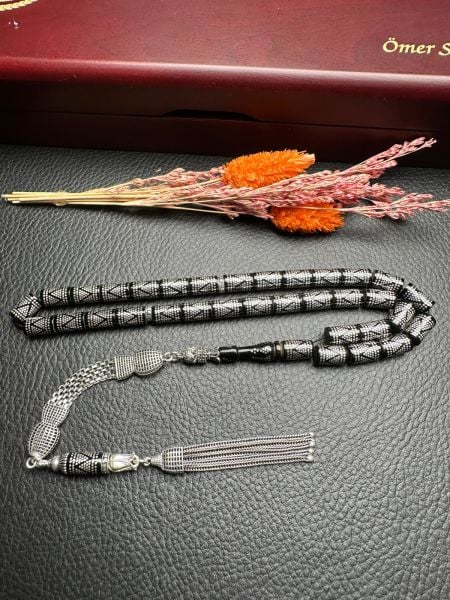 Kesme Model Gümüş İşlemeli Ateş Kehribar Tesbih