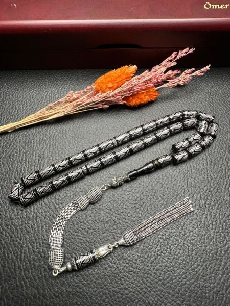 Kesme Model Gümüş İşlemeli Ateş Kehribar Tesbih