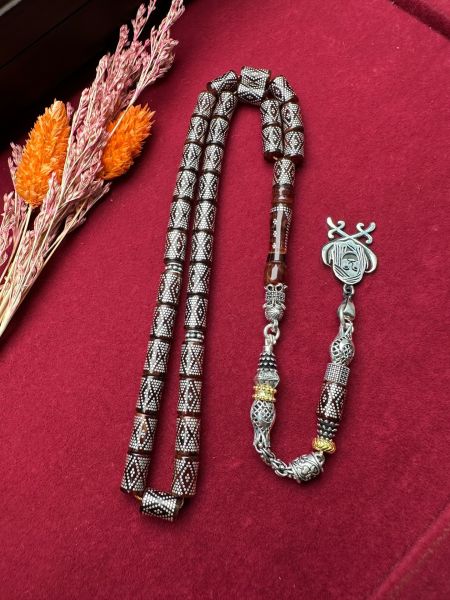 Kesme Model Gümüş İşlemeli Ateş Kehribar Tesbih