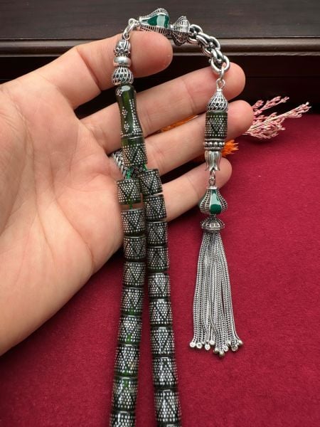 Kesme Model Gümüş İşlemeli Ateş Kehribar Tesbih