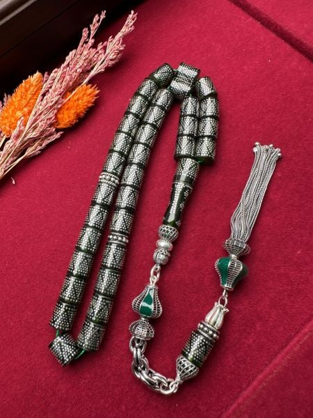 Kesme Model Gümüş İşlemeli Ateş Kehribar Tesbih