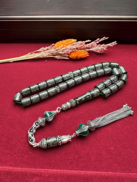 Kesme Model Gümüş İşlemeli Ateş Kehribar Tesbih